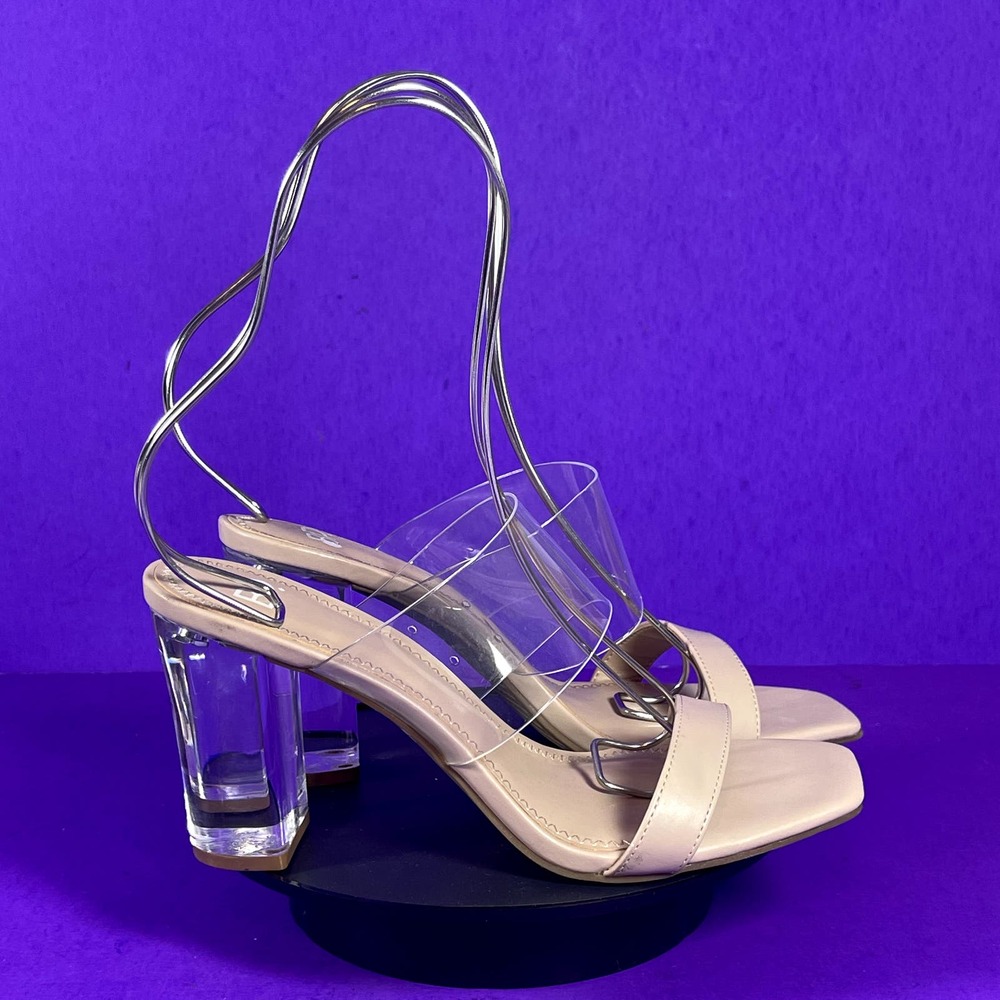 BP. Sandals Naomi Clear Strap Block Heels Faux Leather Beige Women's Size 6.5